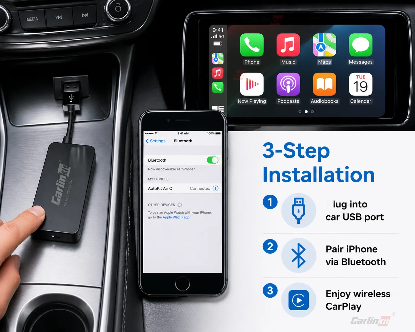 Carlinkit AutoKit Air C Wireless CarPlay & Android Auto Adapter - Easy Installation