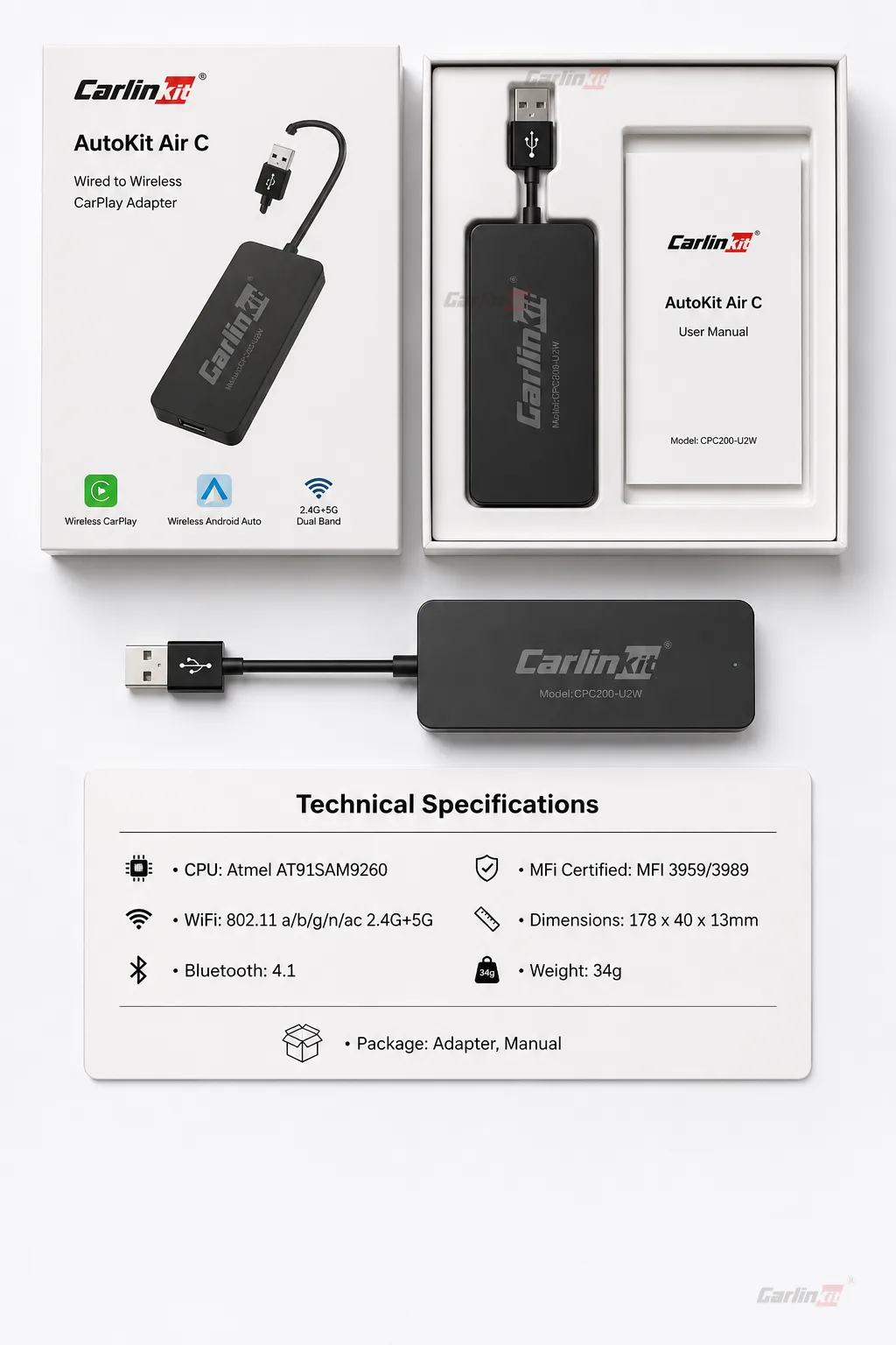 Carlinkit AutoKit Air C Wireless CarPlay & Android Auto Adapter - Specifications