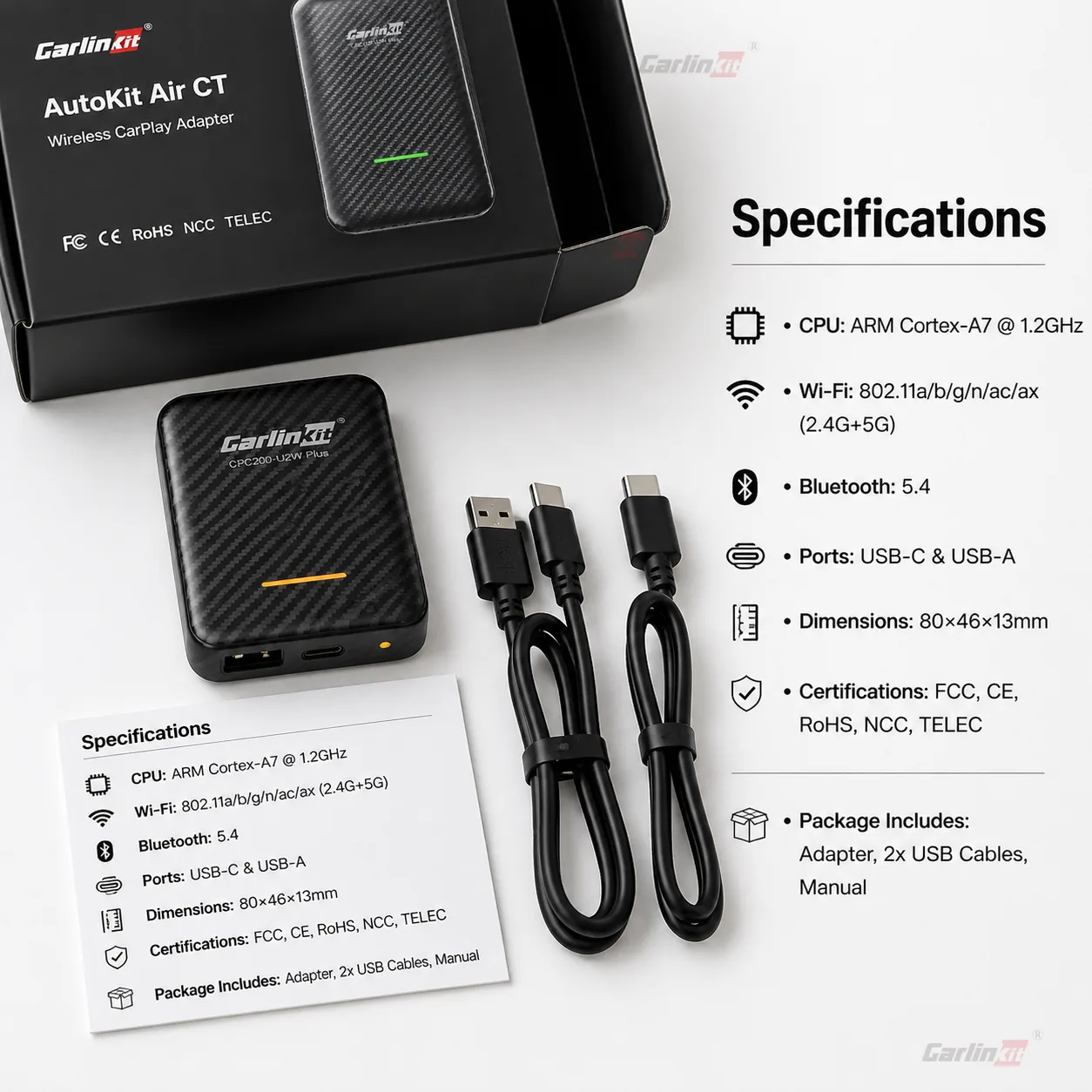 Carlinkit AutoKit Air CT 无线 CarPlay/Android Auto 适配器 官网 - Specifications & Package Contents
