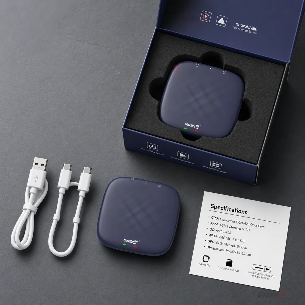 Carlinkit AutoBox Q4 Pro (668) Wireless CarPlay & Android Auto Adapter - Specifications & Package Contents