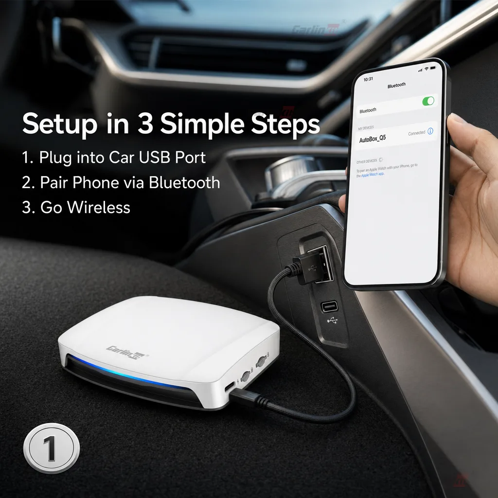 Carlinkit AutoBox Q5 Pro HD SM6225 Wireless CarPlay & Android Auto Adapter - Simple Plug-and-Play Installation