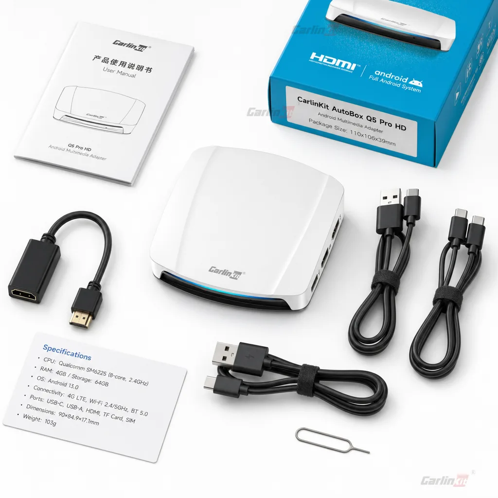 Carlinkit AutoBox Q5 Pro HD SM6225 Wireless CarPlay & Android Auto Adapter - Technical Specifications & Package Contents