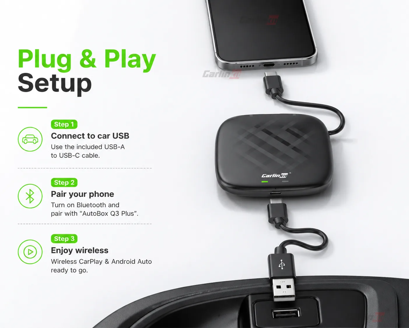 Carlinkit AutoBox Q3 Plus S1B Wireless CarPlay & Android Auto Adapter - Easy Installation: Plug & Play