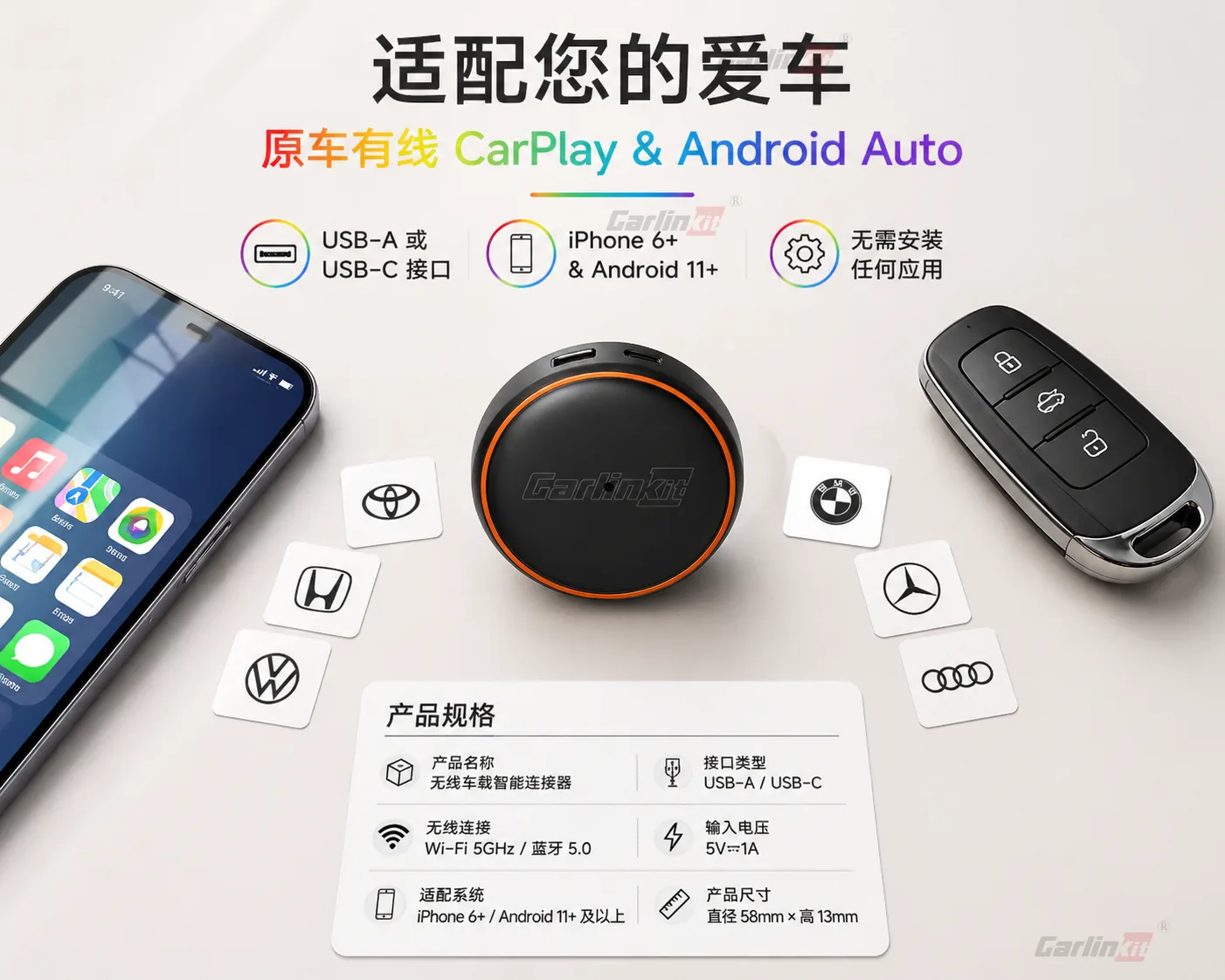 Carlinkit AutoKit Air CA3 Mini Wireless CarPlay & Android Auto Adapter - Wide Vehicle Compatibility
