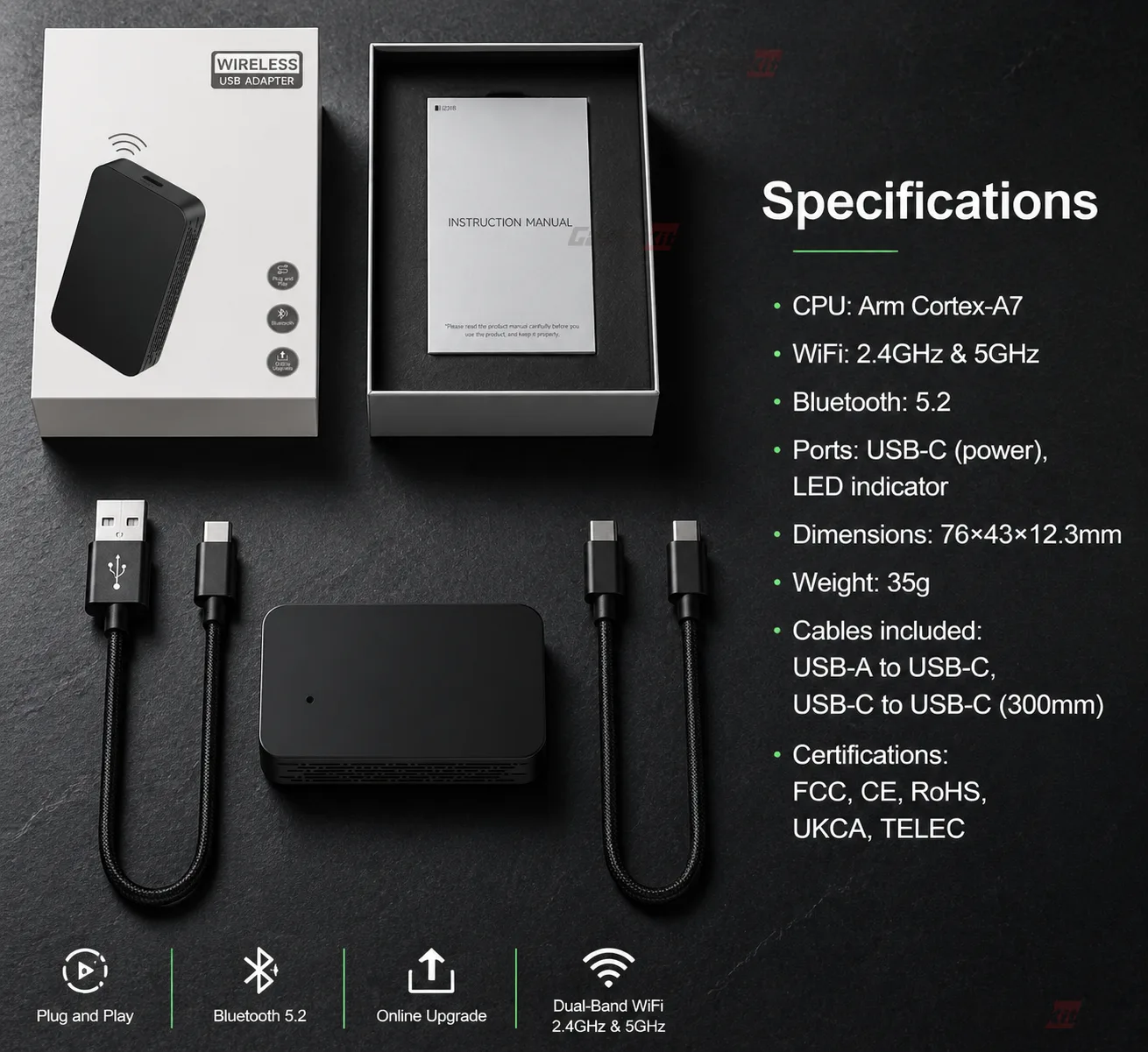 Carlinkit AutoKit Air CA2 Mini Wireless CarPlay & Android Auto Adapter - Specifications & Package Contents