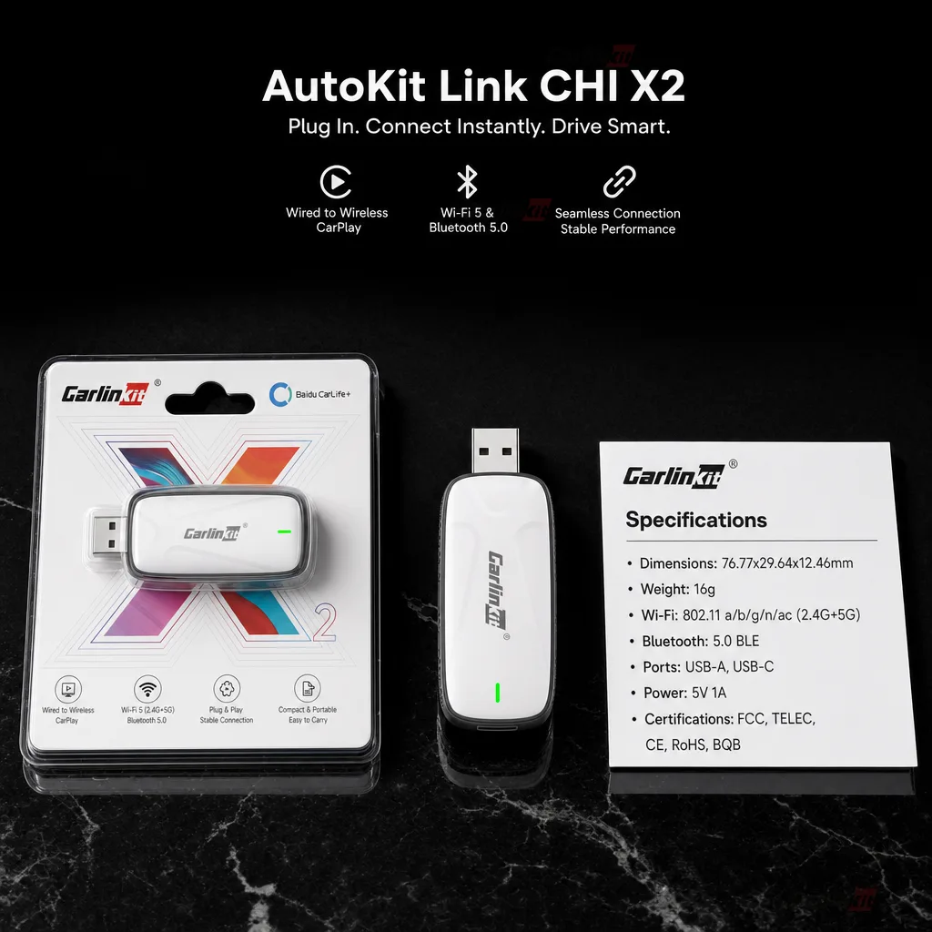 Carlinkit AutoKit CHI X2 Wireless CarPlay & Android Auto Adapter - Specifications & Package Contents