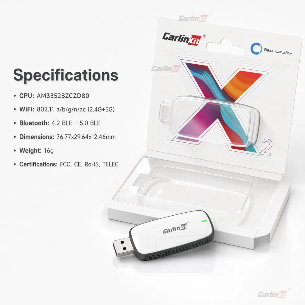 Carlinkit AutoKit Link LC X2 Wireless CarPlay & Android Auto Adapter for Wired CarLife Vehicles - Specifications & Package Contents